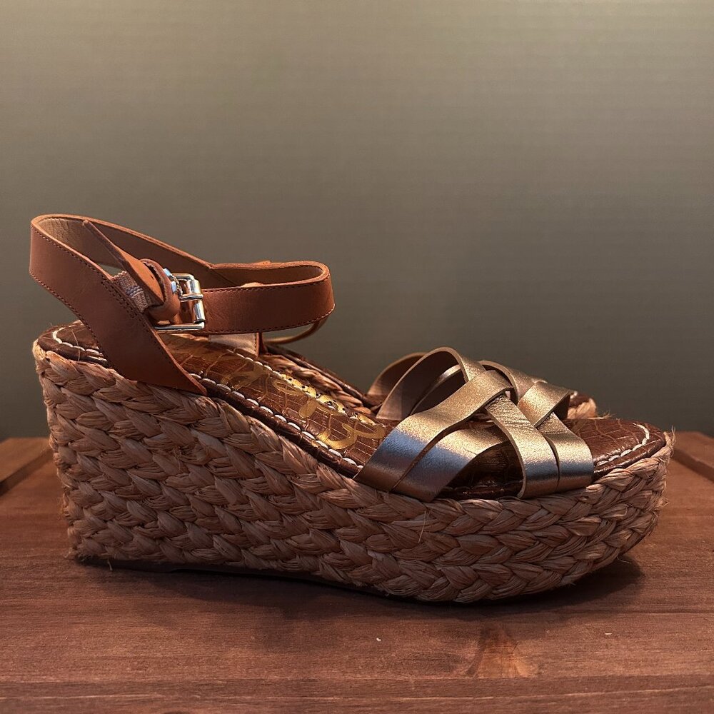 Sam Edelman Womens Wedge Wicker Platform Gold Sandals Size 9.5